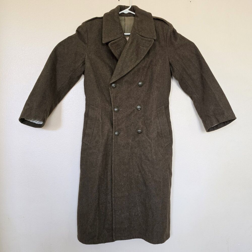Vintage French Army Heavy Wool Trench Coat Size 32 Double Breasted Overcoat